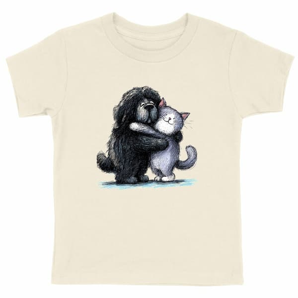 Image front T-shirt Enfant Confort Bio -"Câlin entre Amis Chien & Chat"
