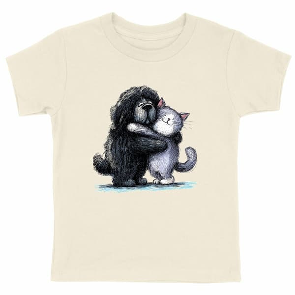 Image front T-shirt Enfant Confort Bio -"Câlin entre Amis Chien & Chat"