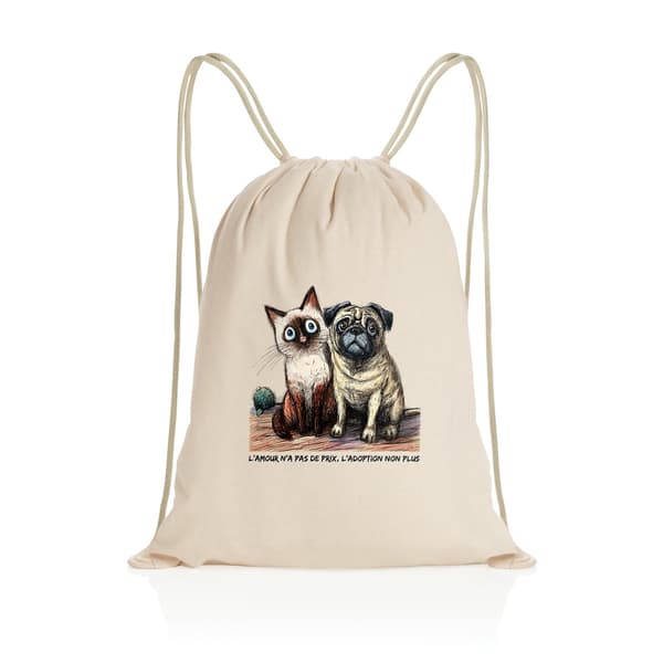 Image front Sac à dos Cordelettes Recyclé - "L'amour n'a pas de prix, l'adoption non plus"
