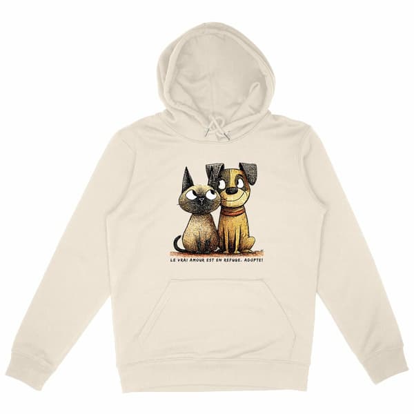 Image front Sweat à capuche Confort Unisexe Bio - "Le Vrai Amour est en Refuge. Adopte !" 