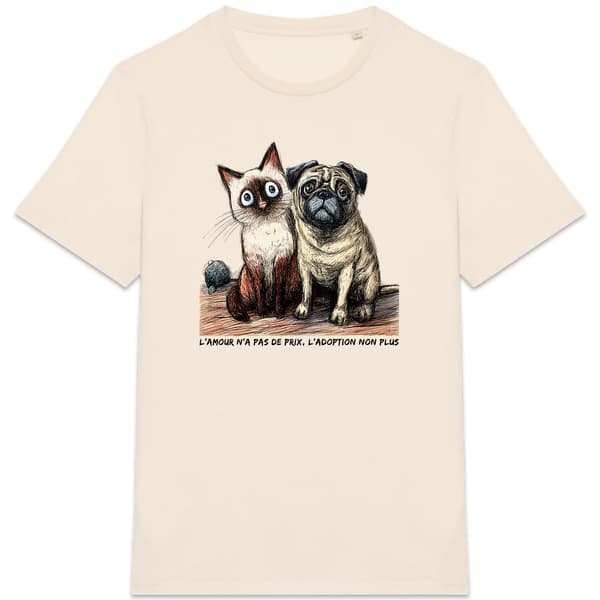 Image front T-shirt Unisexe Confort Bio - "L'amour n'a pas de prix, l'adoption non plus"