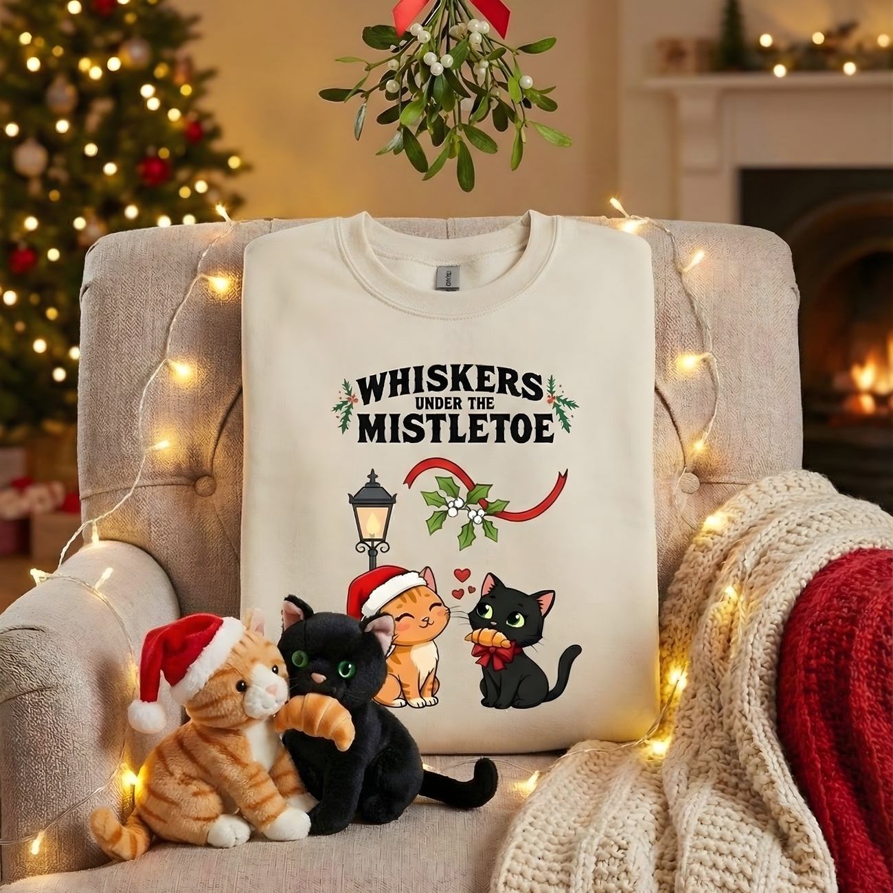 Image front Amour félin sous le gui de Noël | Sweat-shirt Épais Unisexe