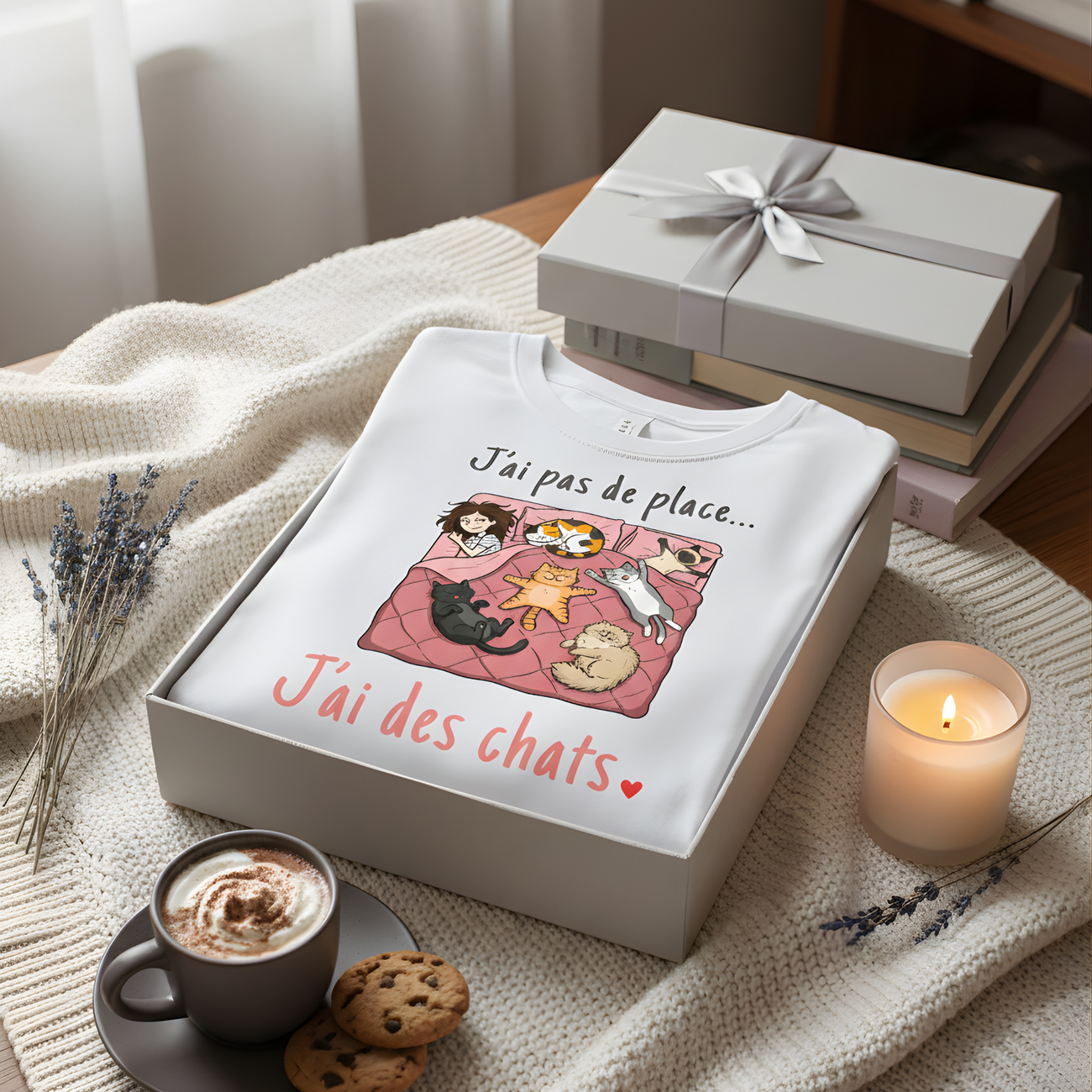Image front T-shirt humour chat | J'ai pas de place, j'ai des chats