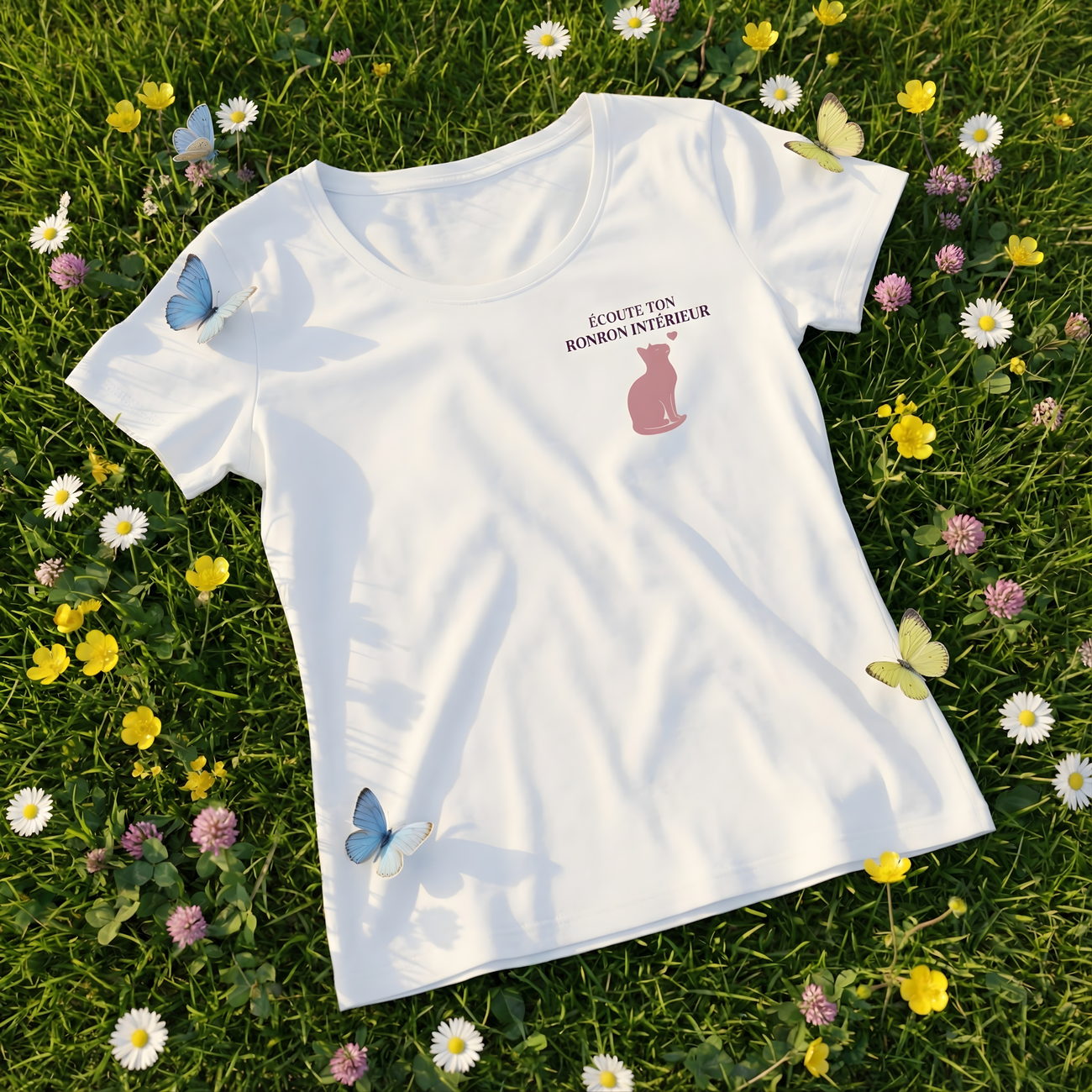 Image front T-shirt Écoute ton ronron intérieur | Citation chat bien-être 