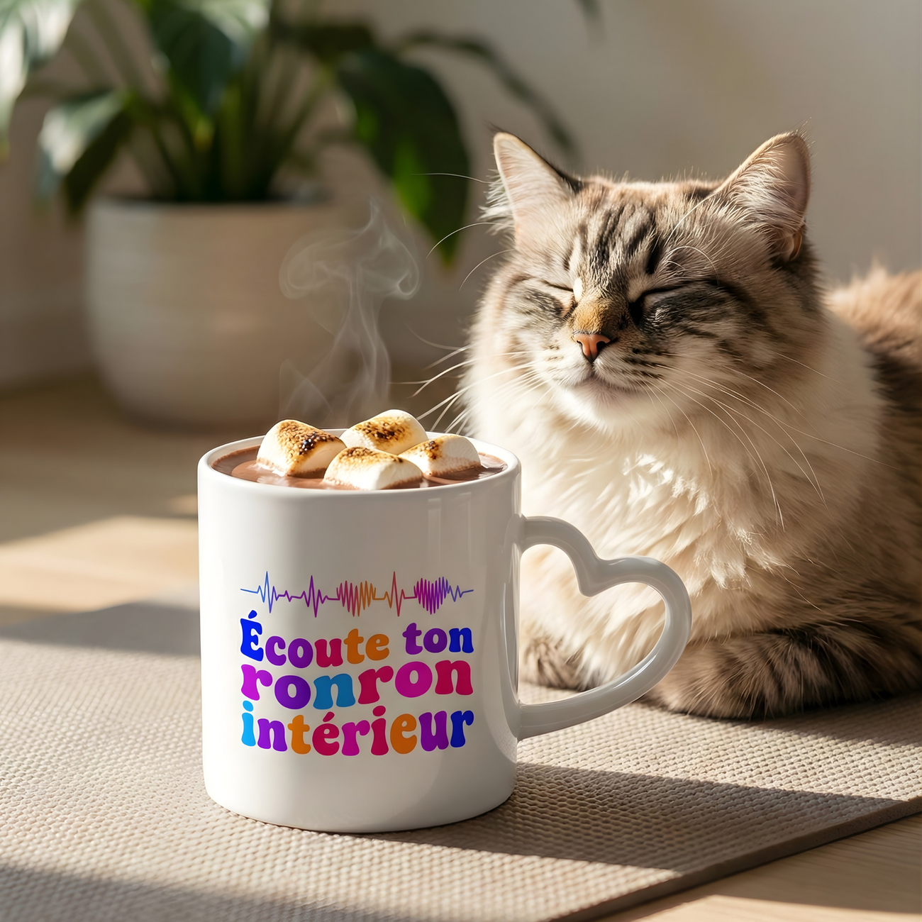 Image front Citation chat Écoute ton ronron intérieur | Mug à anse en forme de cœur 