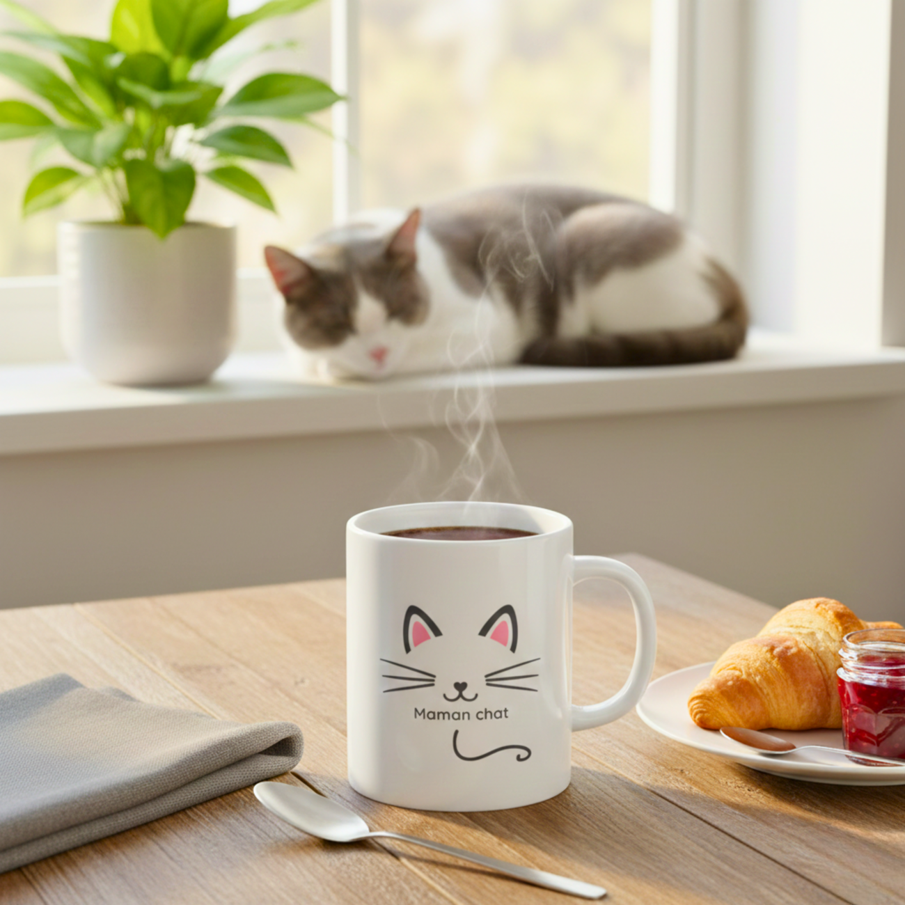 Image front Mug Maman Chat - Tasse Céramique Design Minimaliste - Cadeau Amoureux des Chats