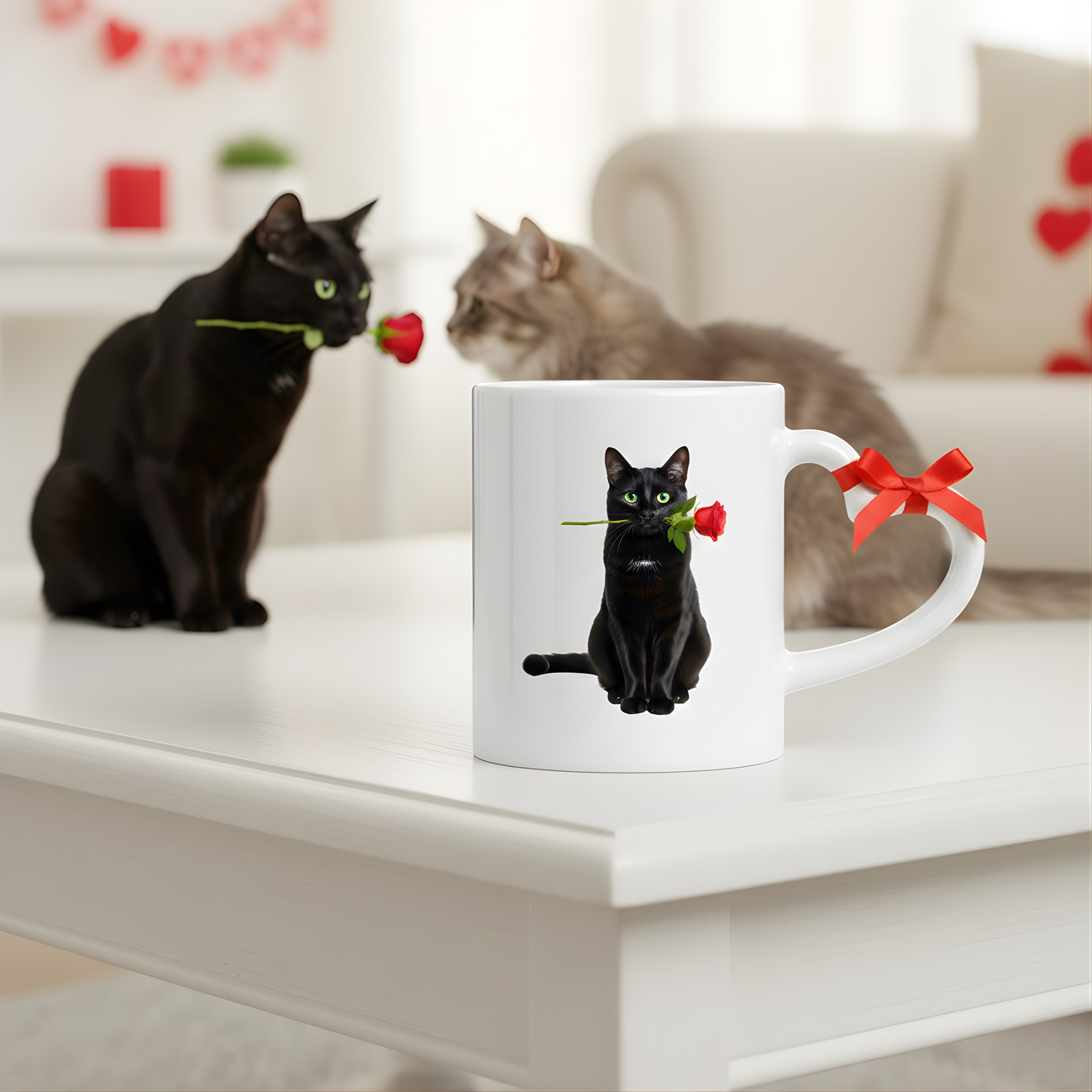Image front Mug chat noir aux yeux verts & rose rouge | Anse cœur 