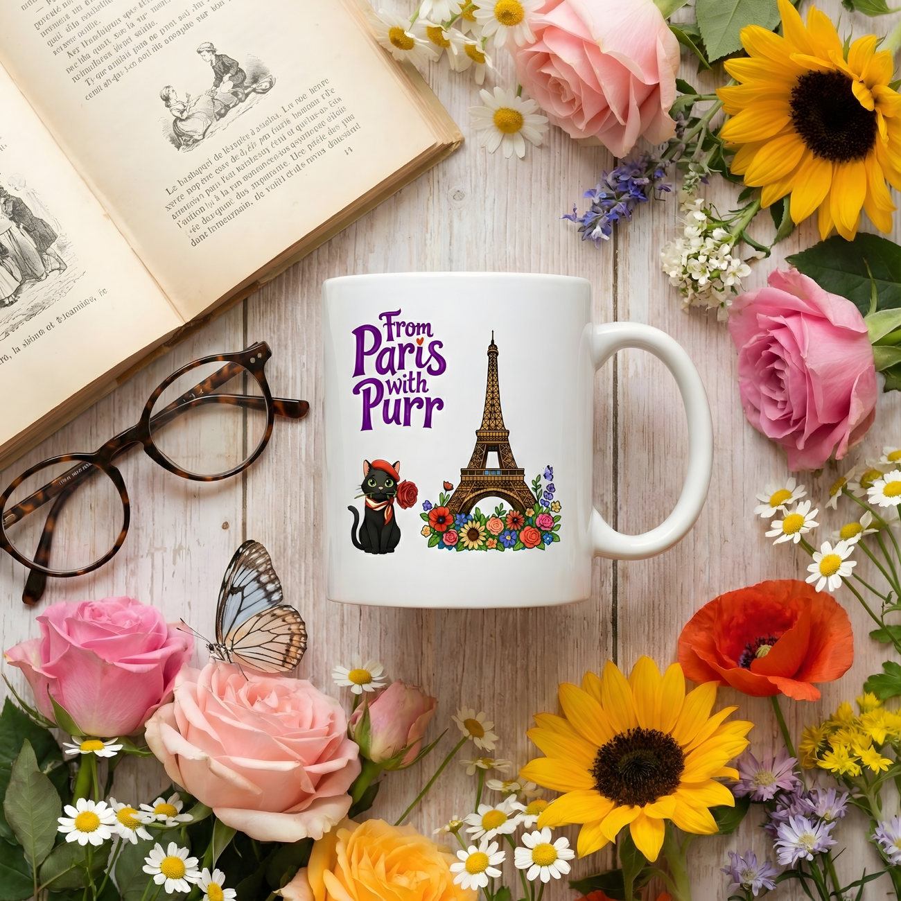 Image front Mug chat noir, Tour Eiffel et fleurs | From Paris with Purr