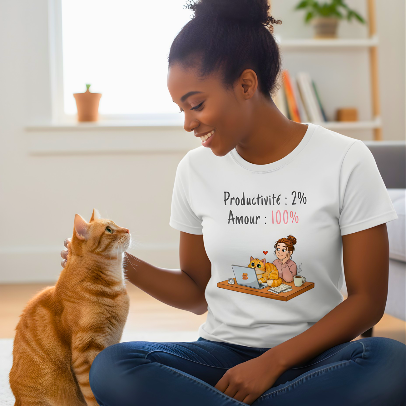 Image front T-shirt Femme chat | Productivité 2%, Amour 100%