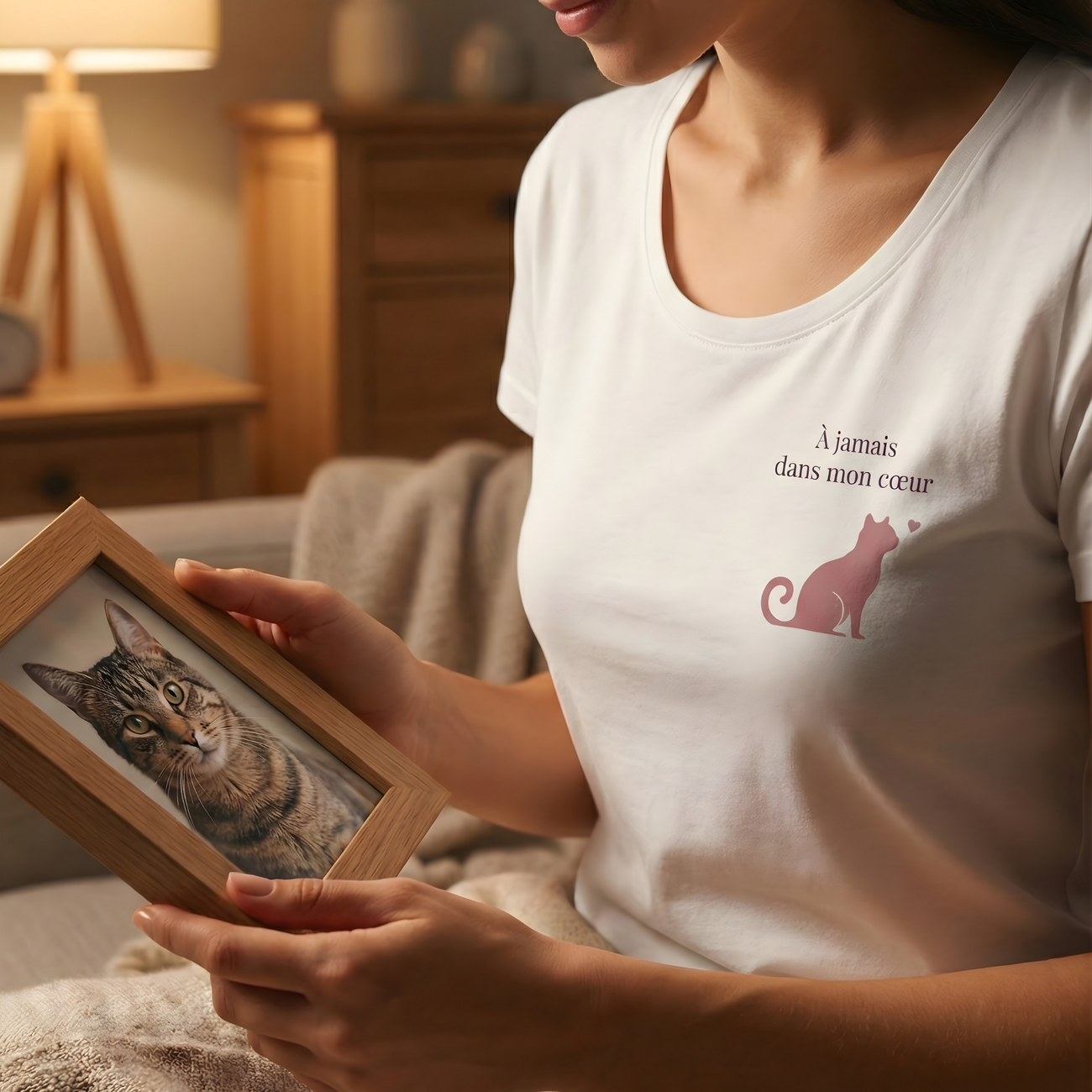 Image front Citation chat "À jamais dans mon cœur”  | Hommage félin sur tee-shirt