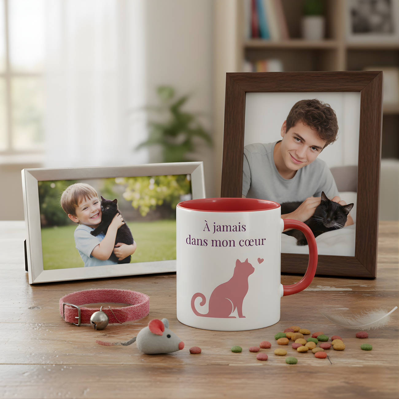 Image front Citation chat "À jamais dans mon cœur" | Hommage félin sur mug