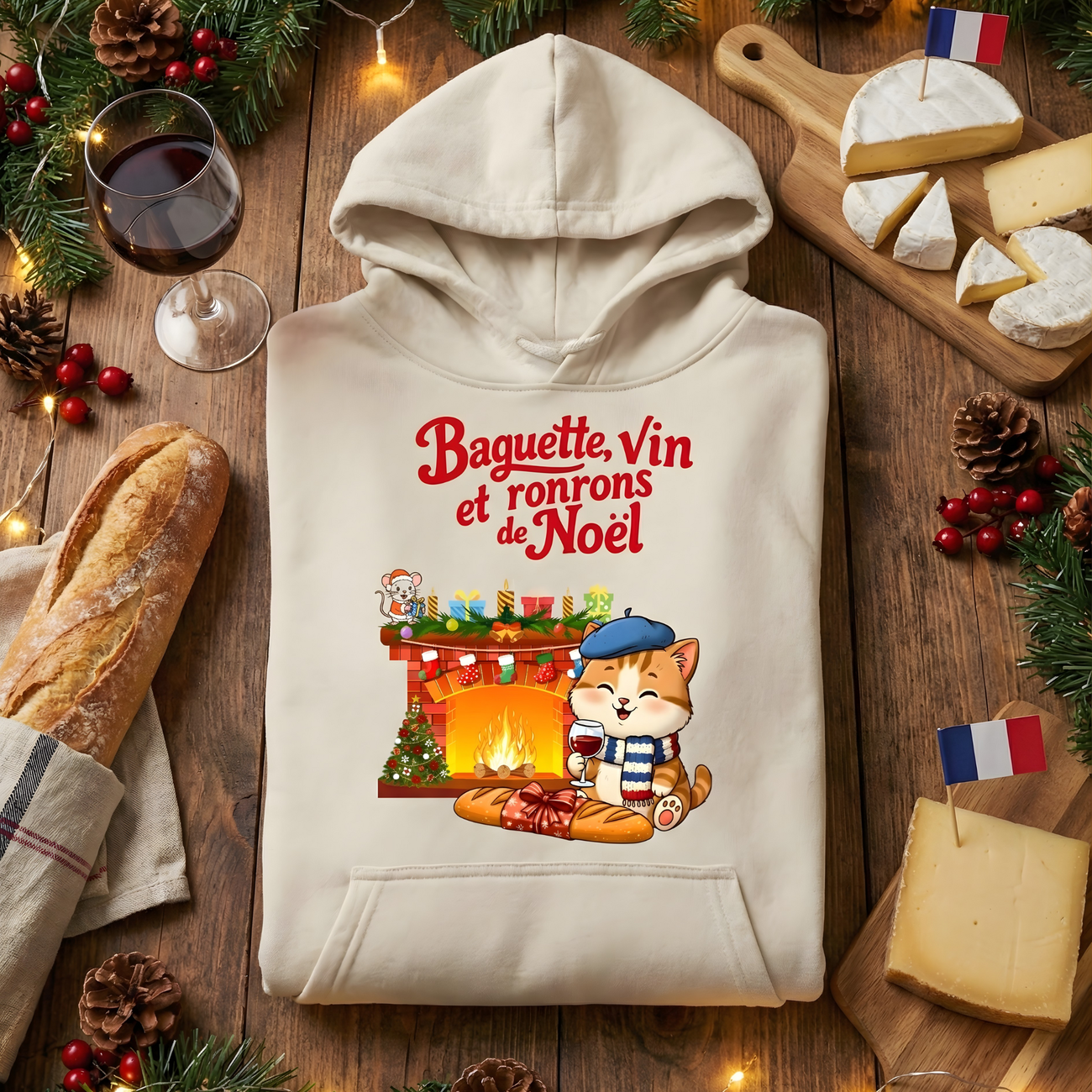 Image front Chat Noël festif avec baguette et vin devant la cheminée | Sweat à capuche Épais Unisexe 