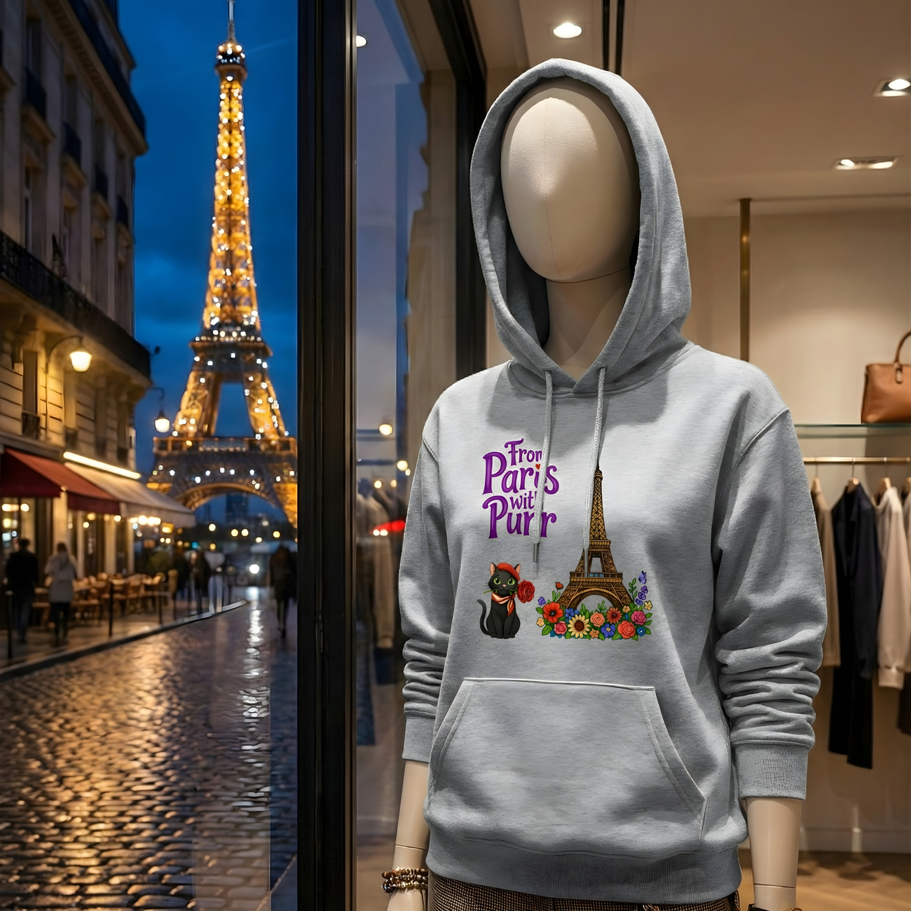 Image front Chat parisien romantique & Tour Eiffel fleurie | Sweat à capuche Épais Unisexe 