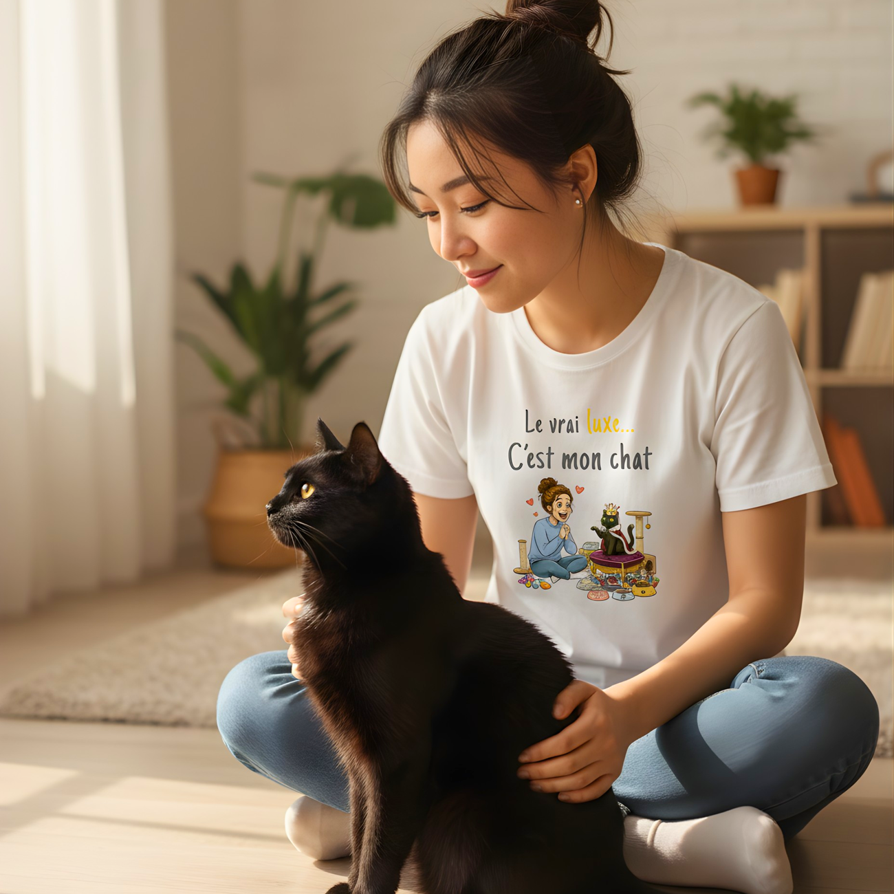 Image front T-shirt humour chat noir | Le vrai luxe, c'est mon chat