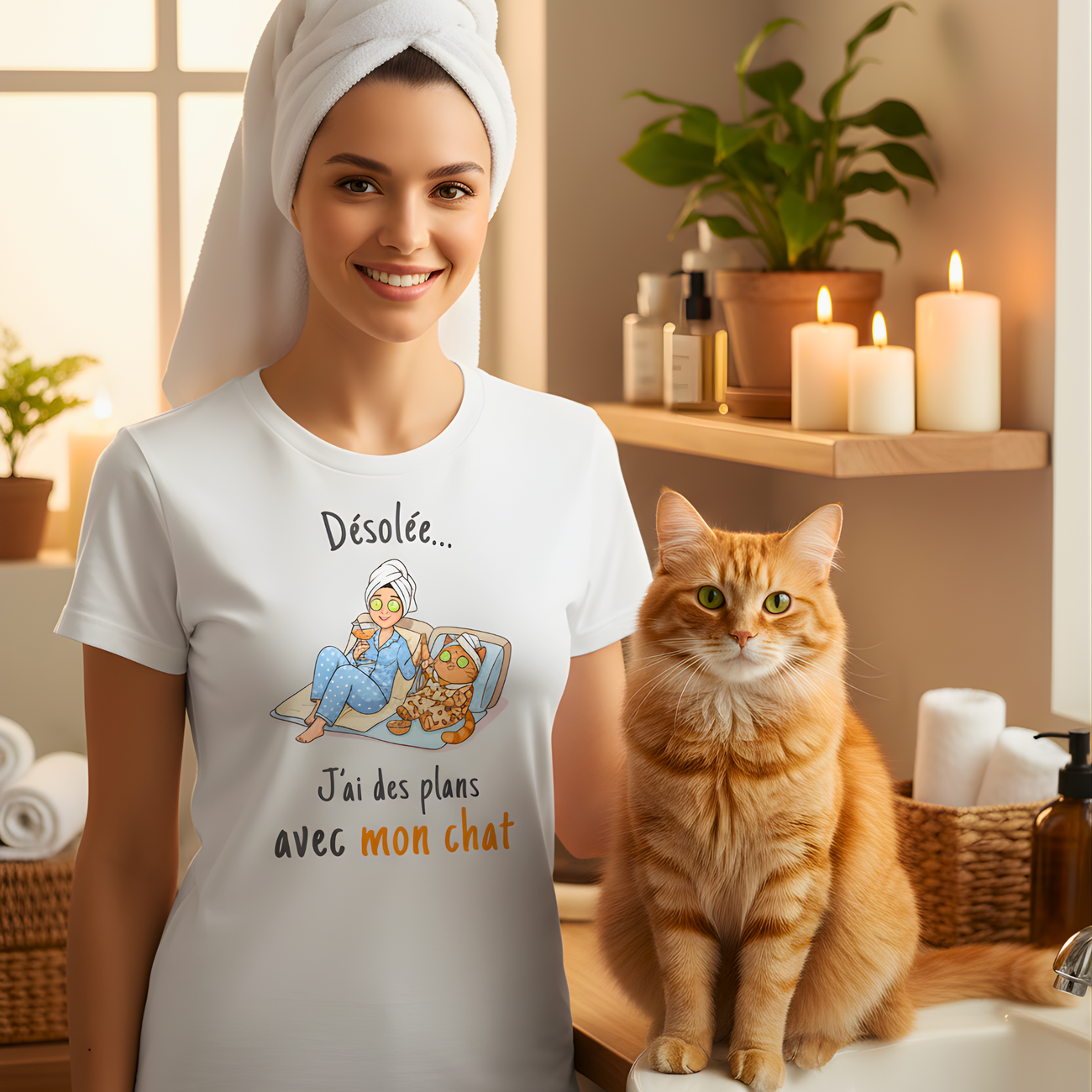 Image front T-shirt humour chat | Désolée, j'ai des plans avec mon chat.