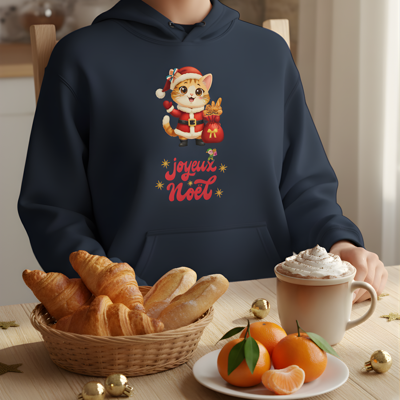 Image front Chat de Noël, pâtisseries & Lutin malicieux | Sweat à capuche Épais unisexe