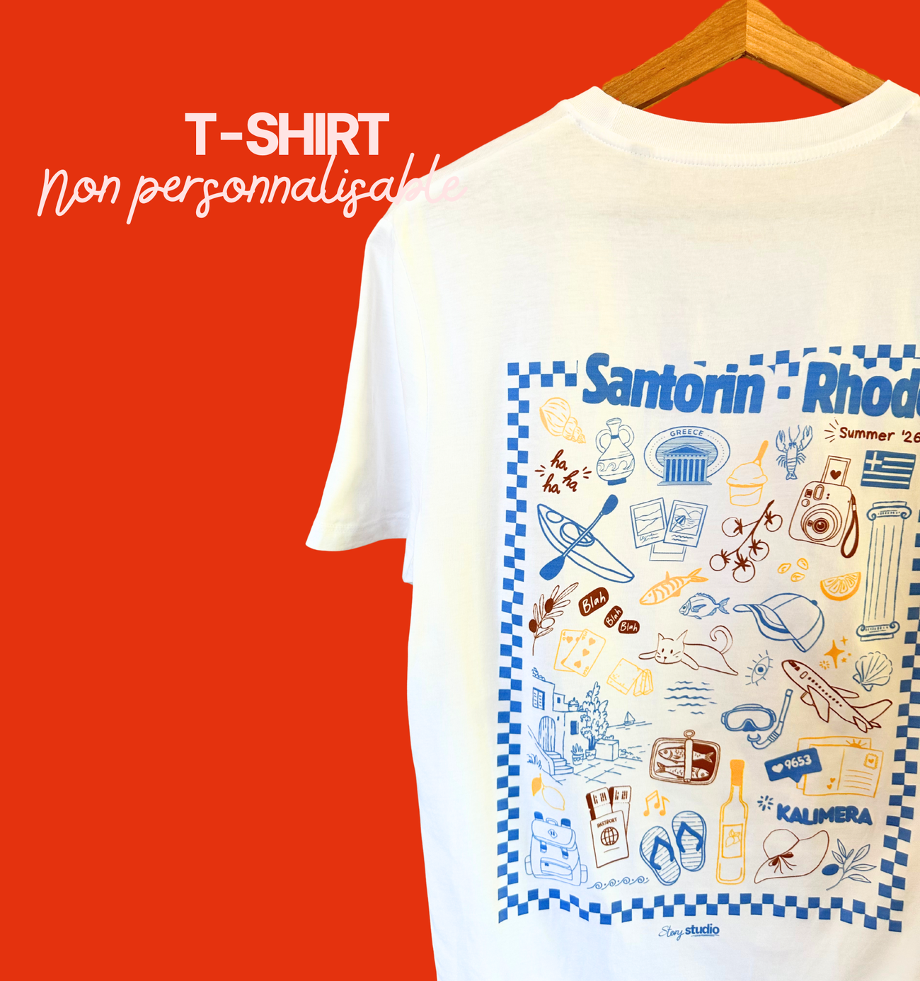 Image front T-shirt illustré Grèce – Santorin · Rhodes
