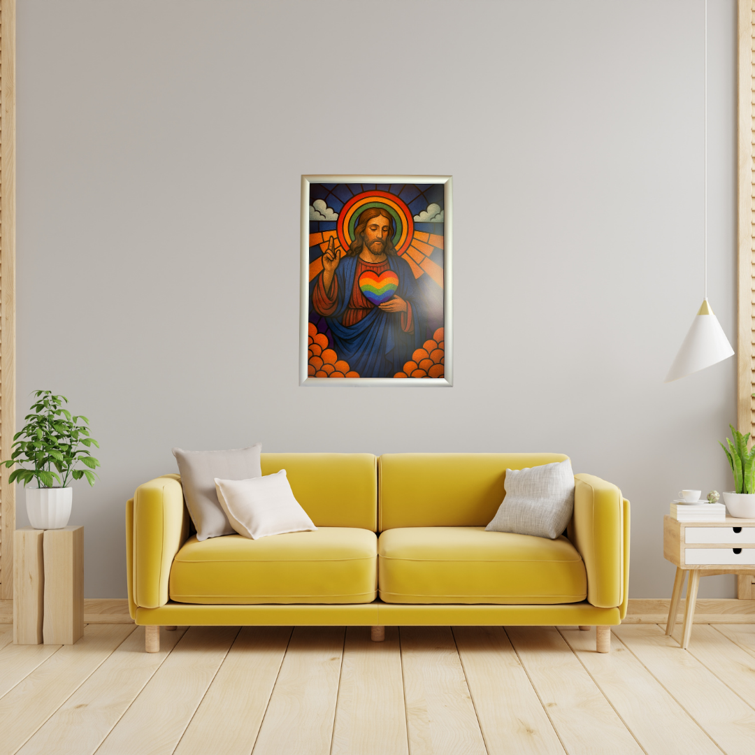 Poster vertical "Jésus LGBTQIA+ en style vitrail"